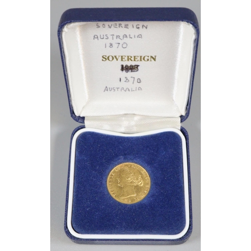 412 - Victorian gold full sovereign, the box marked 1870 Australia. 
(B.P. 21% + VAT)