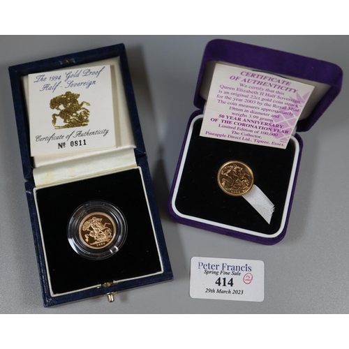 414 - The 1994 gold proof half sovereign, together with Queen Elizabeth II half sovereign dated 2003, one ... 