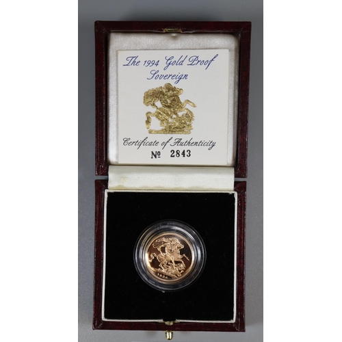 415 - The 1994 gold proof sovereign by the Royal Mint with COA no. 2843, in original box and plastic capsu... 