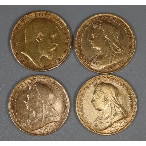 416 - Four half gold sovereigns dated 1893,1896, 1898 and 1909.   (B.P. 21% + VAT)