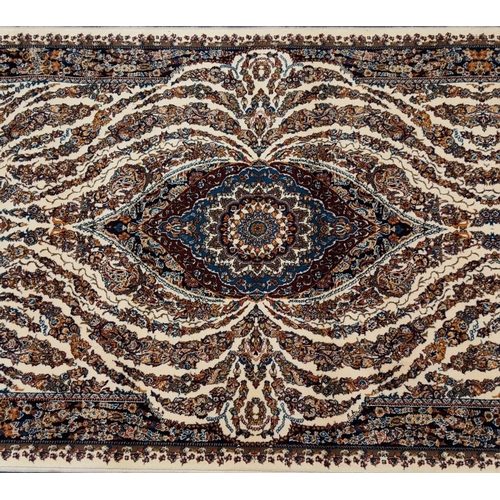 438 - Ivory ground fine woven Iranian runner with bespoke floral design.  310x100cm approx.   (B.P. 21% + ... 