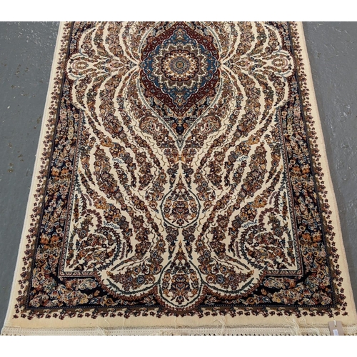 438 - Ivory ground fine woven Iranian runner with bespoke floral design.  310x100cm approx.   (B.P. 21% + ... 