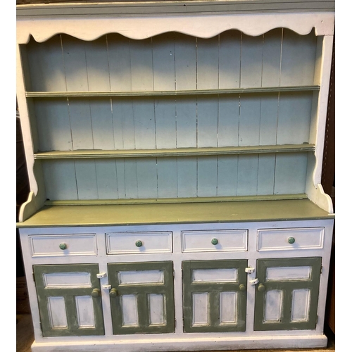 59 - 19th century painted pine two stage dresser, the moulded cornice above boarded rack with two fitted ... 