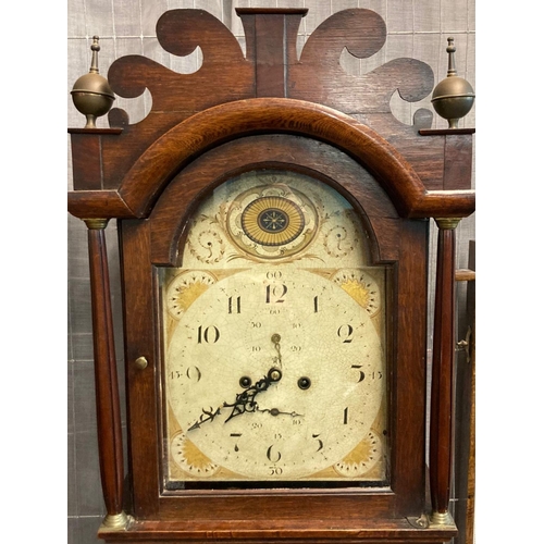 60 - Early 19th century welsh oak eight day two train long case clock with original painted face having s... 