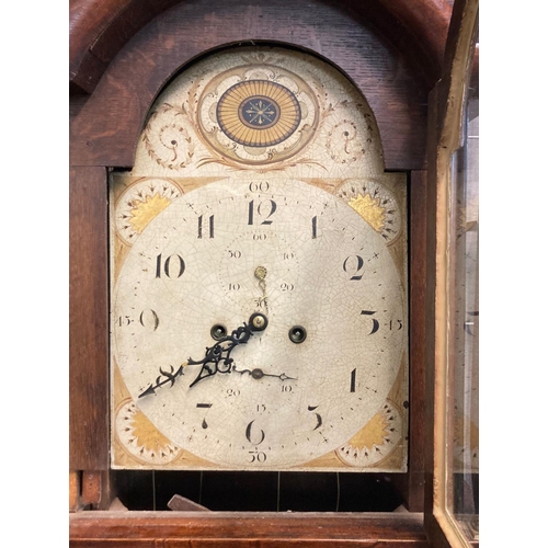 60 - Early 19th century welsh oak eight day two train long case clock with original painted face having s... 