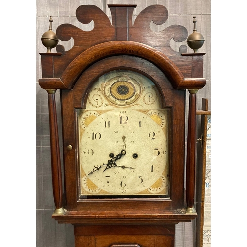 60 - Early 19th century welsh oak eight day two train long case clock with original painted face having s... 