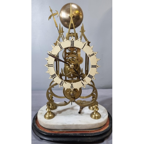 66 - 19th century Gothic design brass steeple skeleton clock with painted Roman dial, single fusee moveme... 