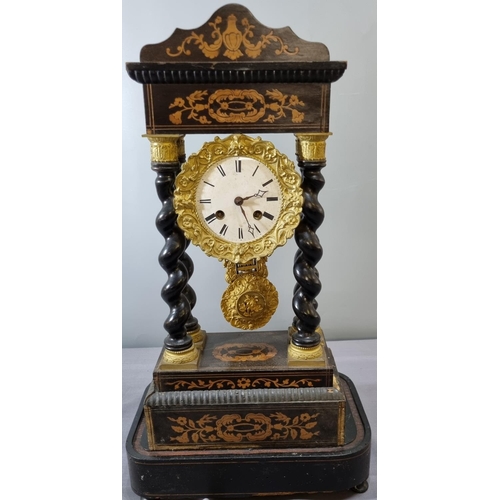 69 - Early 19th century French marquetry inlaid eight day Portico clock with white enamel Roman face and ... 