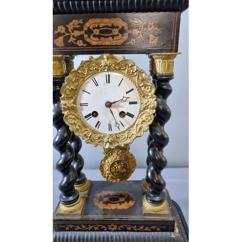 69 - Early 19th century French marquetry inlaid eight day Portico clock with white enamel Roman face and ... 