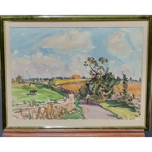 76 - Attributed to Will Evans (Welsh 1888-1957), landscape with country lane, figure and cattle, unsigned... 