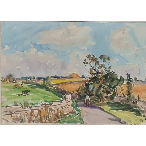 76 - Attributed to Will Evans (Welsh 1888-1957), landscape with country lane, figure and cattle, unsigned... 