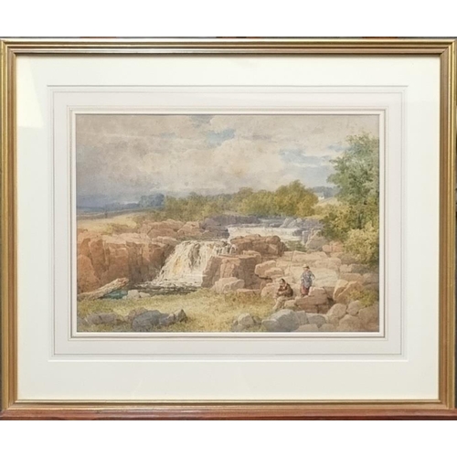 77 - John Henry Mole (British 1814-1886), upland landscape with waterfalls and figures fishing, titled ve... 