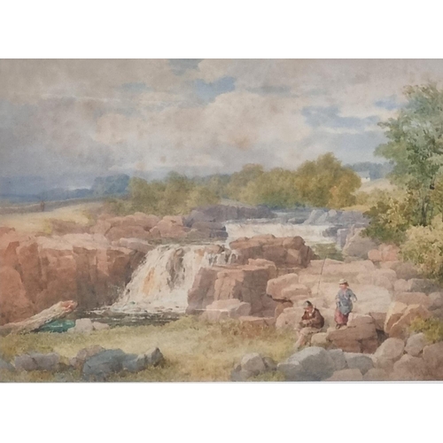 77 - John Henry Mole (British 1814-1886), upland landscape with waterfalls and figures fishing, titled ve... 