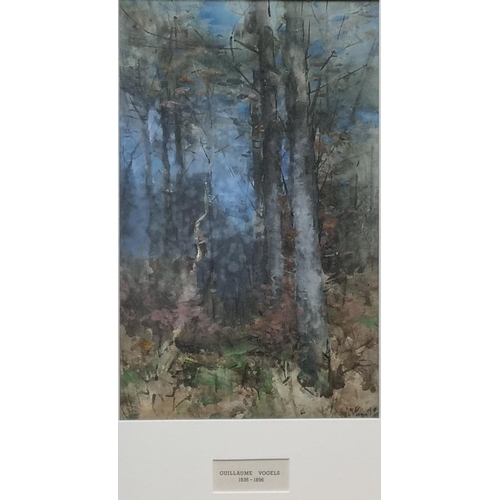 83 - Guillaume Vogels (Belgian 1836-1896), atmospheric misty woodland scene, signed, watercolours. 40 x 2... 