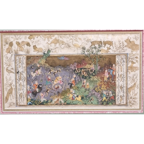 93 - Indian Mughal school painting, a hunting scene with many figures and animals amongst woodland, Islam... 