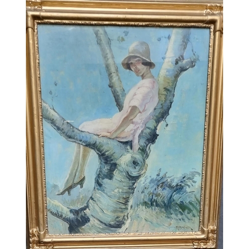 98 - Hitchcock (British ,20th Century), portrait of a young girl in 1920's dress, seated in a tree, signe... 