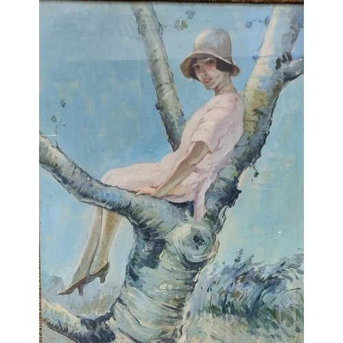 98 - Hitchcock (British ,20th Century), portrait of a young girl in 1920's dress, seated in a tree, signe... 