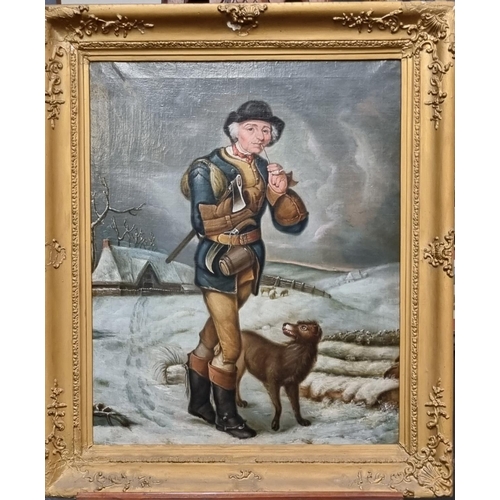 99 - Continental school, portrait of a man with clay pipe and axe, hound at his heel in a winter landscap... 