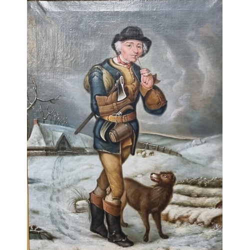 99 - Continental school, portrait of a man with clay pipe and axe, hound at his heel in a winter landscap... 