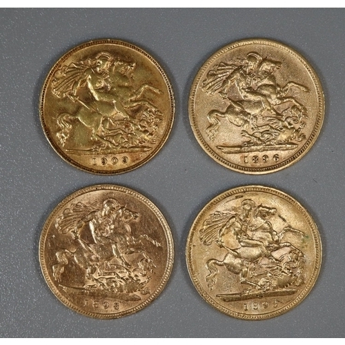 416 - Four half gold sovereigns dated 1893,1896, 1898 and 1909.   (B.P. 21% + VAT)