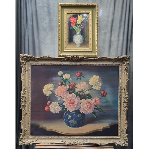 111 - Wilf Walker (20th Century, British), still life study, 'Summer Fantasy-Peonies', signed, oils on can... 