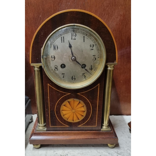 100 - Edwardian inlaid mahogany two train mantle clock with Arabic face, satinwood inlaid decoration and b... 