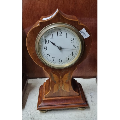 101 - Edwardian inlaid mahogany back winding balloon shape boudoir mantel clock with Arabic white face on ... 