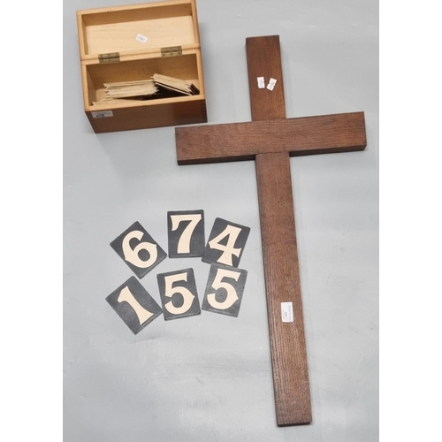 108 - Large oak wooden cross together with fifty (50) original Gothic Church hymn board numbers in fitted ... 