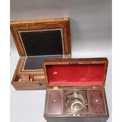 111 - Early 19th century mahogany tea caddy with glass bowl together with a Victorian walnut and brass ban... 