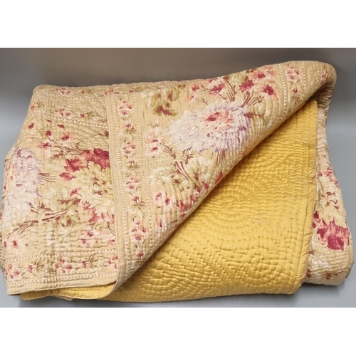 116 - Vintage cotton double sided Welsh quilt with leaf and swirl pattern, one side plain mustard colour a... 