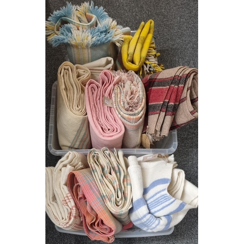 118 - Three boxes of blankets and other woollen items to include: Bishopdale Yorkshire cream and blue, sim... 