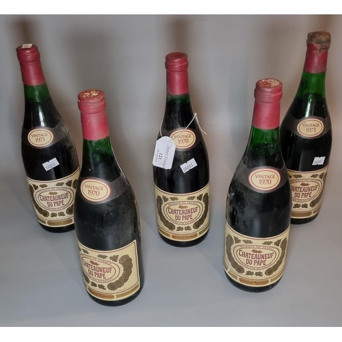 121 - Collection of five red wine bottles: Chateauneuf Du Pape, three dated Vintage 1970, two dated Vintag... 