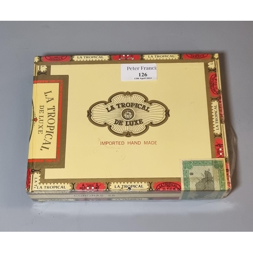 126 - Box of twenty five (25) La Tropical De Luxe cigars, made in Jamaica in original box and sealed packa... 