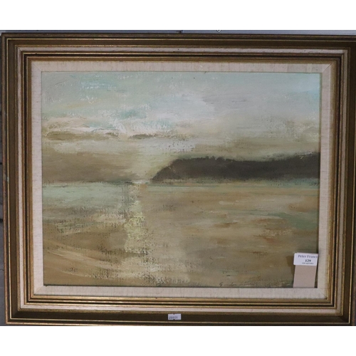 129 - Gordon Stuart, the Towy estuary with Llansteffan at sunset, signed, oils on board.  38x47cm approx. ... 