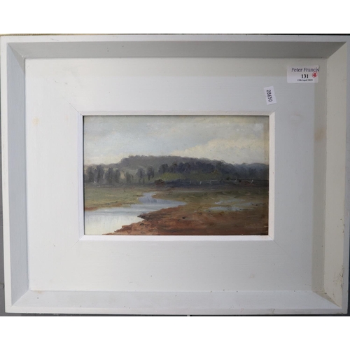 131 - British School (20th century), estuary scene with woodland, oils on panel.  13x24cm approx.  Framed.... 