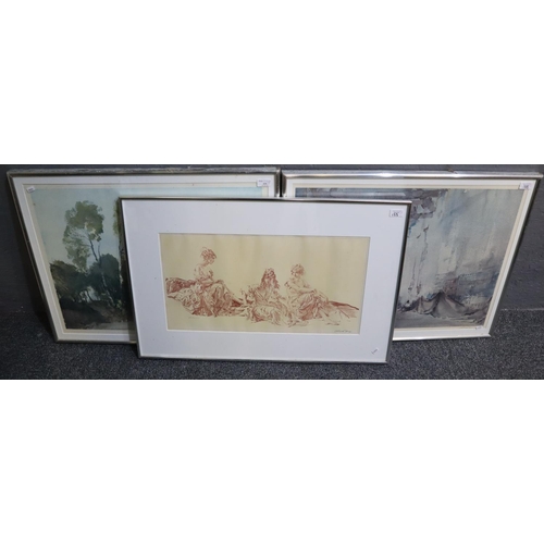 133 - After Sir William Russel Flint, three prints, being river landscape, interior study and portrait of ... 