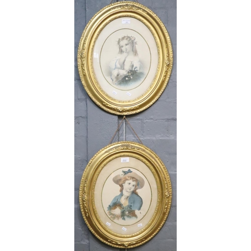 140 - Victorian School, portraits of children, a pair, coloured prints, oval in gilt glazed frames.  The i... 