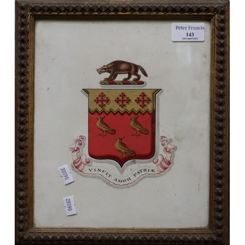 143 - Hand painted coat of arms for the 'Brokelsby' family of Lincolnshire with Latin moto 'Vincit Amor Pa... 