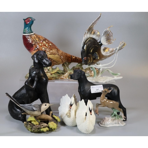 207 - Collection of porcelain, china and composition animals, to include: Beswick pheasant, German Angel F... 