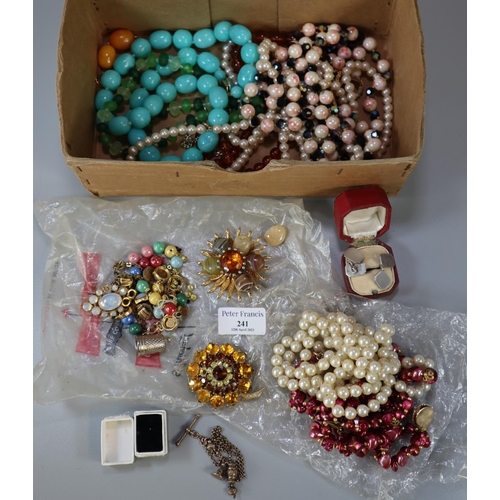 241 - Box of assorted vintage and other costume jewellery, to include: engine turned pair of silver cuff l... 