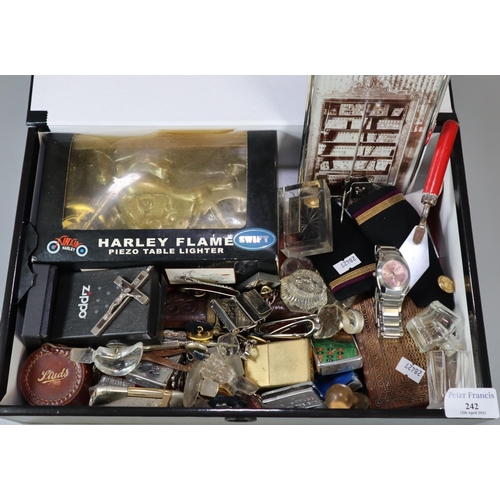 242 - Boxed file of assorted oddments, to include: picture frame, Harley Flame Piezo table lighter in orig... 