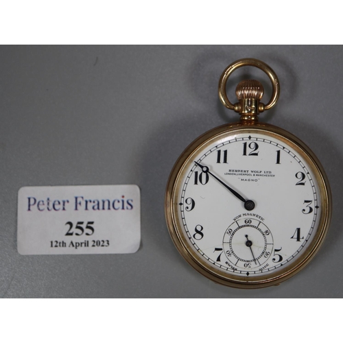255 - 9ct gold open faced pocket watch, marked Herbert Wolf Ltd. London, Liverpool and Manchester, 'Magno'...
