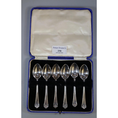 258 - Cased set of six silver teaspoons, Sheffield hallmarks.  2.2 troy ozs approx.  (B.P. 21% + VAT)