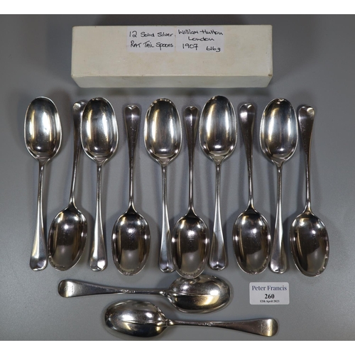 260 - Twelve Edward VII silver rat tail spoons by William Hutton. London, 1907.  19.5 troy ozs approx.  (B... 