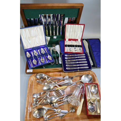 266 - Box of assorted lose plated cutlery, case set of silver handled butter knives, case spoons etc.  Tog... 