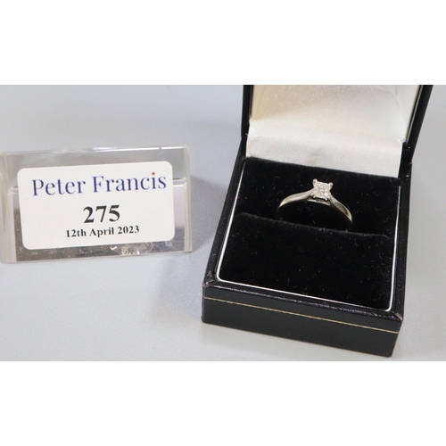 275 - Diamond solitaire ring.  Princess cut diamond set in 18ct white gold.  Ring size L.  Approx weight 2... 