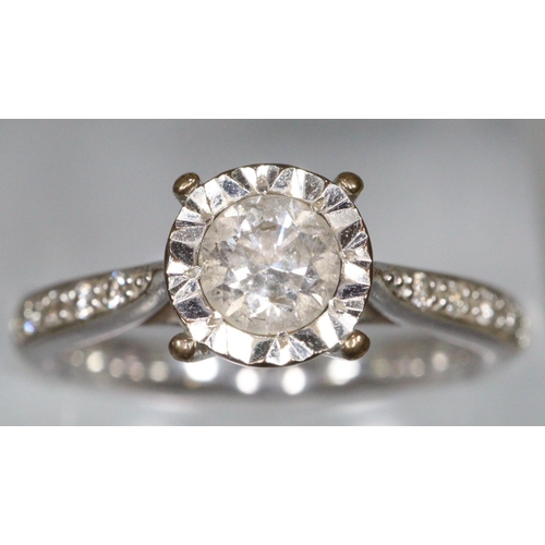 289 - Diamond solitaire ring set in 9ct white gold with diamond shoulders.  Ring size K.  Approx weight 2.... 