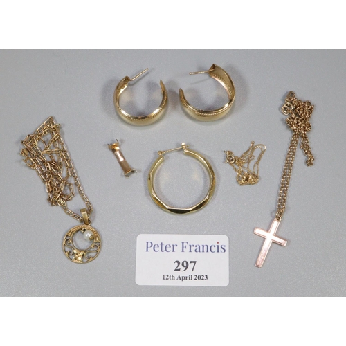 297 - 9ct gold jewellery to include a pair of earrings, two pendants with chains and a single 14ct gold ea... 