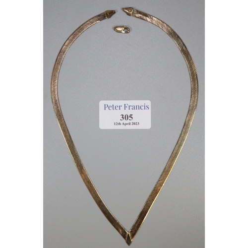 305 - 9ct gold wishbone necklace.  (claps detatched).  Approx weight 8.8 grams.
(B.P. 21% + VAT)