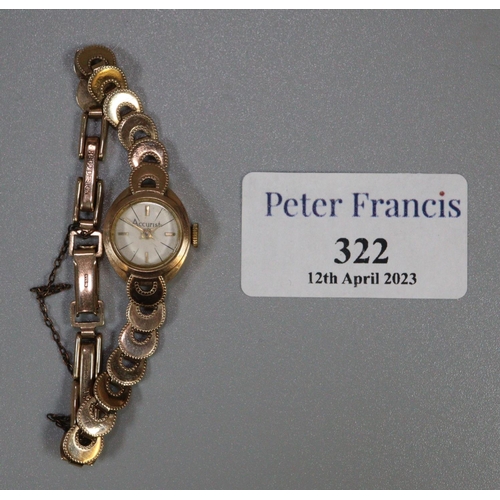 322 - Small head Accurist 9ct gold ladies bracelet wristwatch.  11g approx.  (B.P. 21% + VAT)